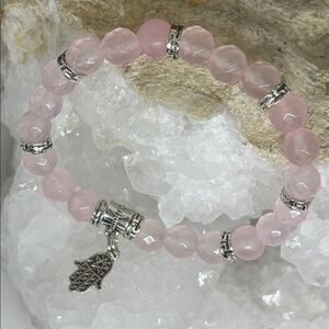 Rose Quartz Beaded Stretch Bracelet with Hamsa Charm - Yogi Stretch Collection